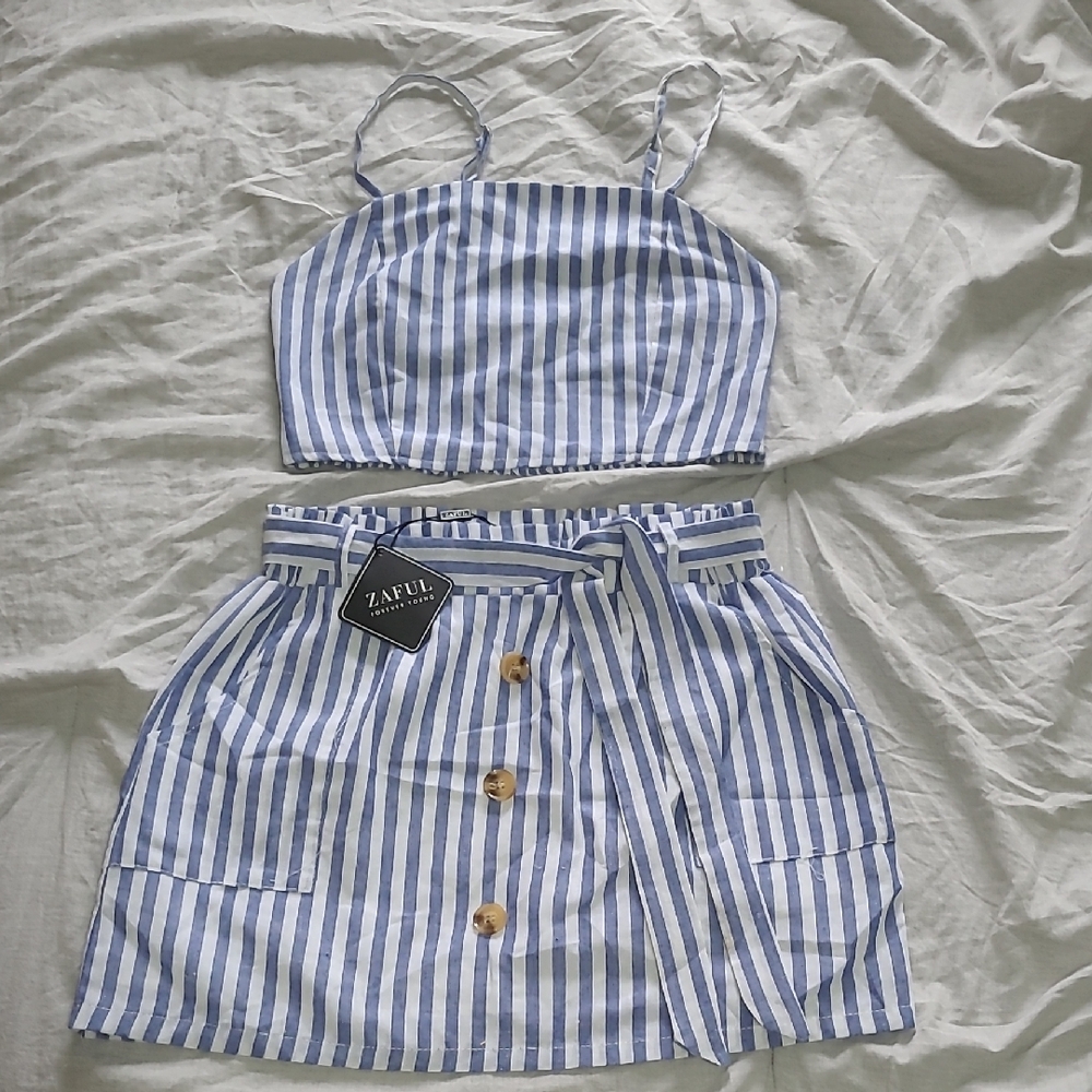 ZAFUL Blue Striped Women's Skirt Set
